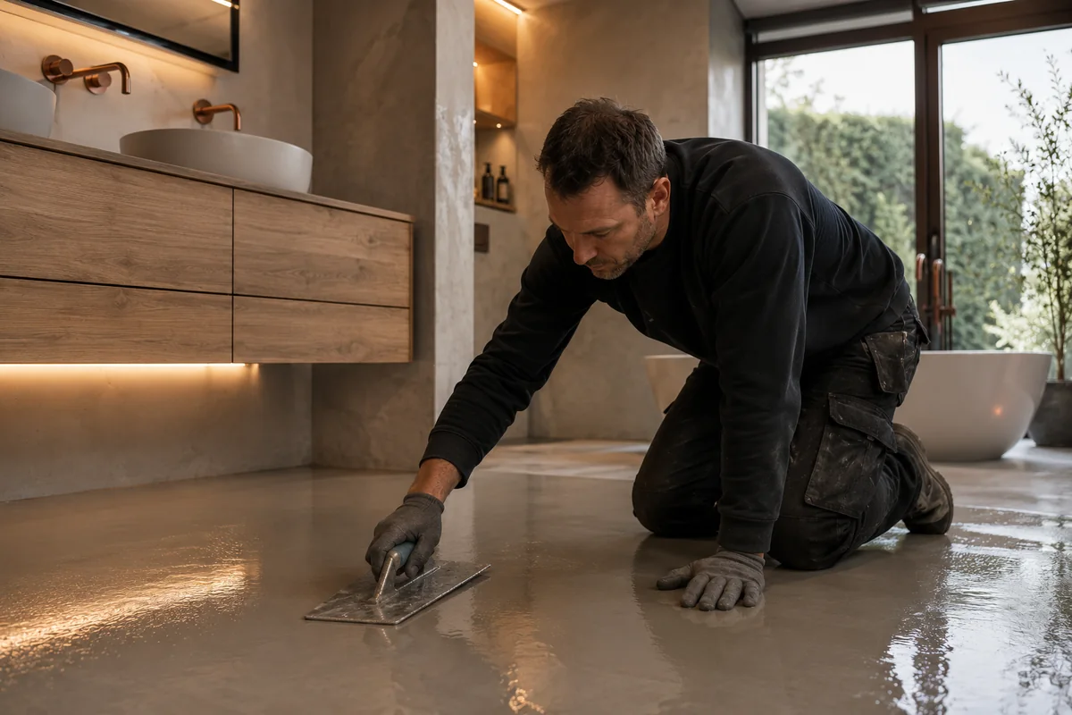 Vakman werkt gietvloer af in badkamer