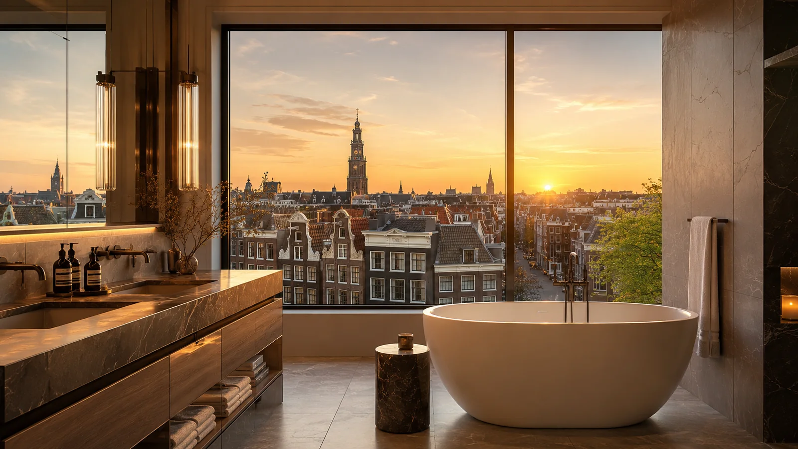 Badkamer met uitzicht over Nederlandse daken