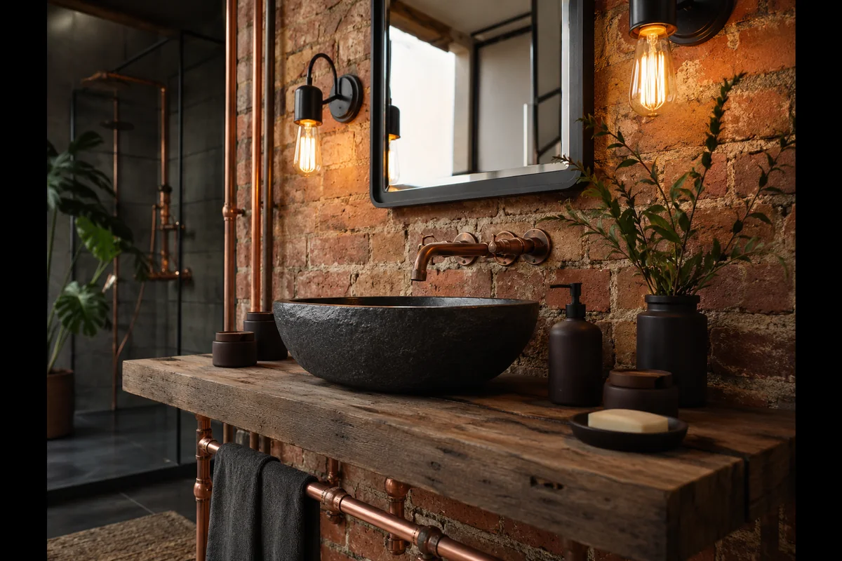 Industrieel badkamerdetail met koperen leidingen