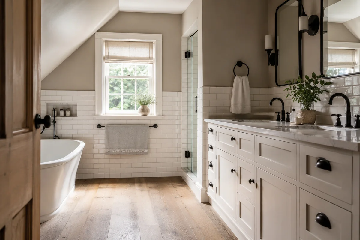 Impressie badkamer in jaren-30 stijl met klassieke elementen