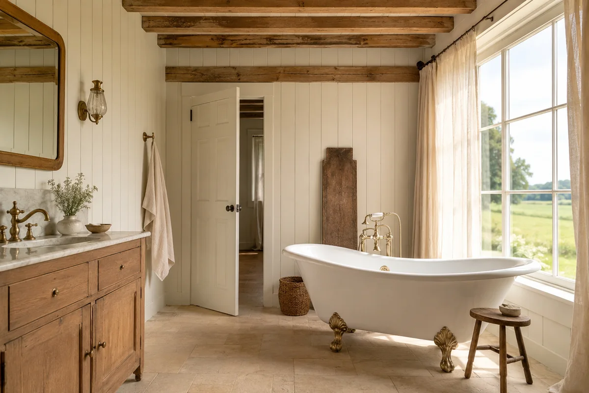 Landelijke badkamer met hout en rustieke elementen