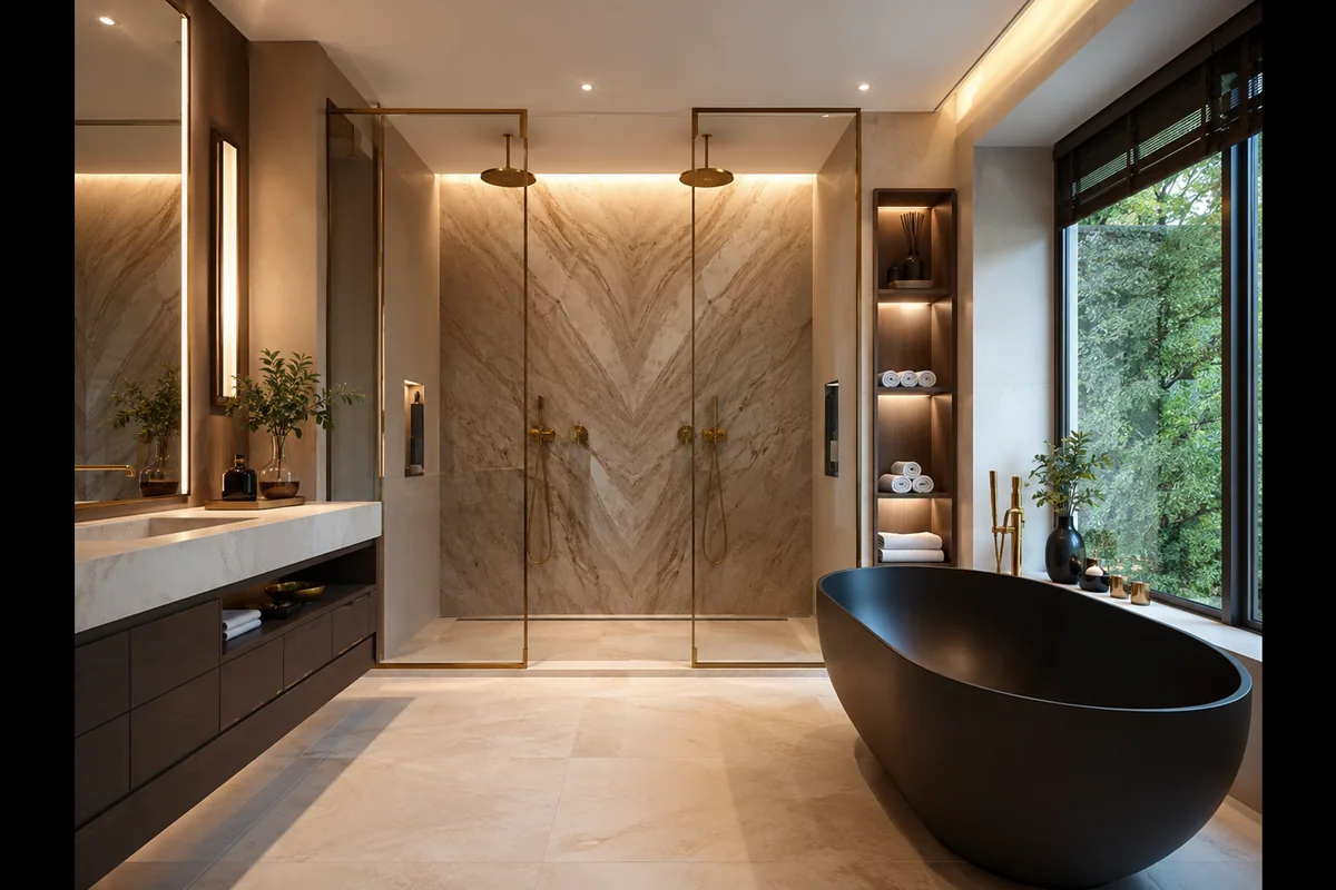 Badkamer van 6 m2 met ligbad en aparte inloopdouche — luxe afwerking