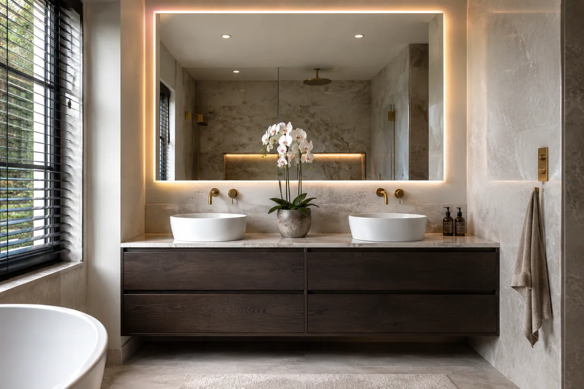 Moderne luxe badkamer met dubbele wastafel