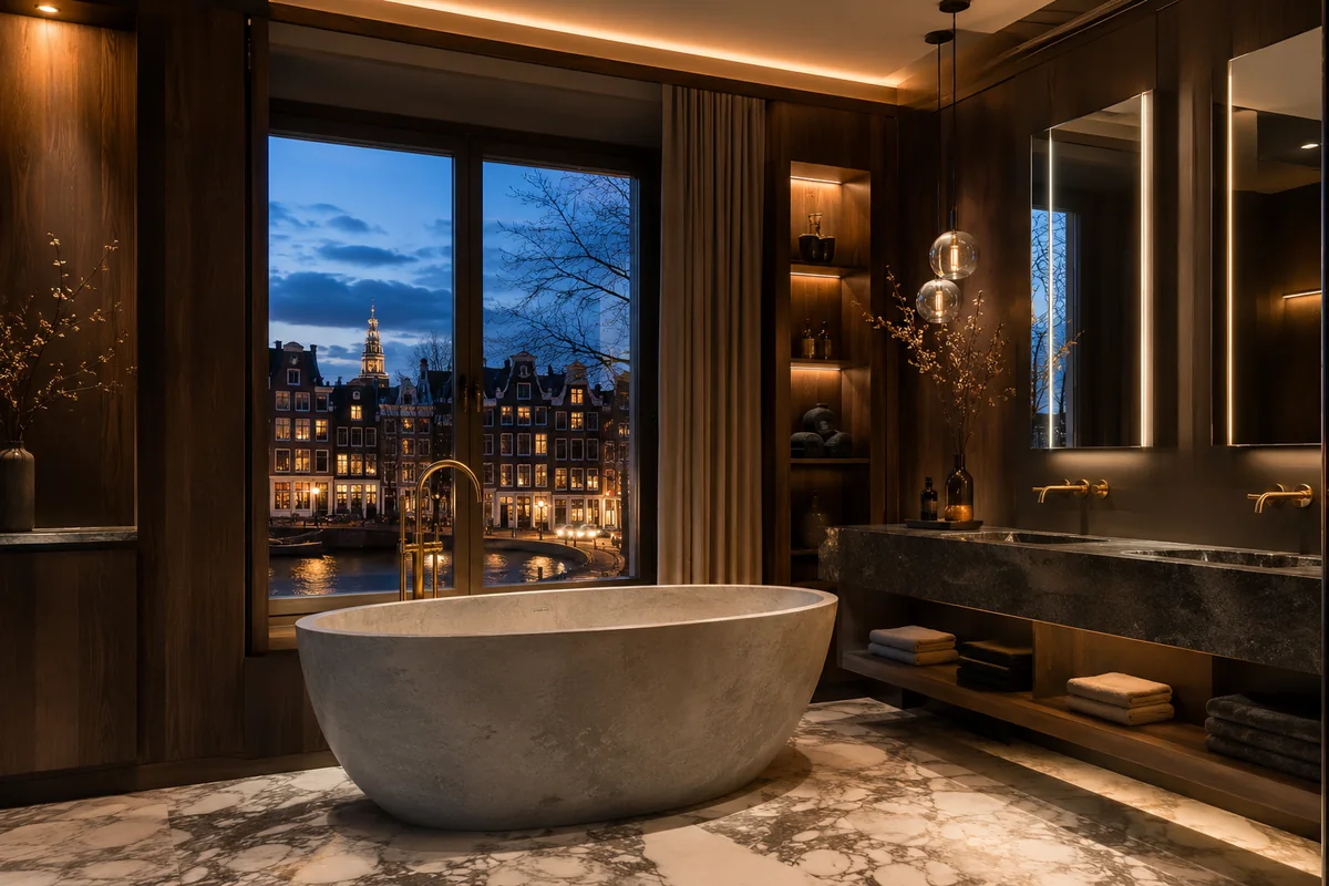 Luxe badkamer met vrijstaand bad en natuursteen