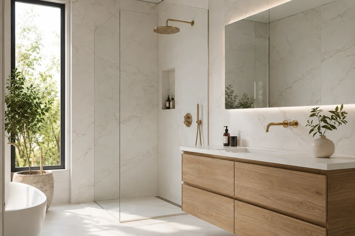 Marmerlook badkamer met keramische marmertegels