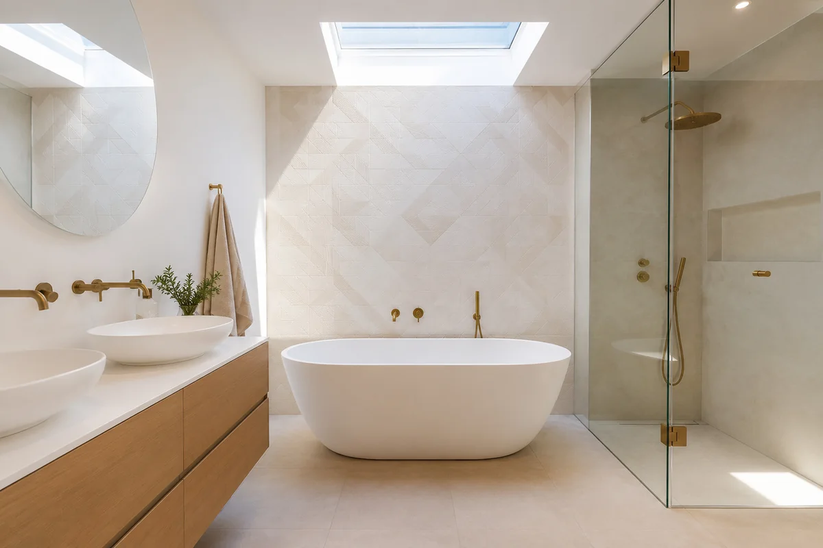 Impressie ruime moderne badkamer met bad en inloopdouche