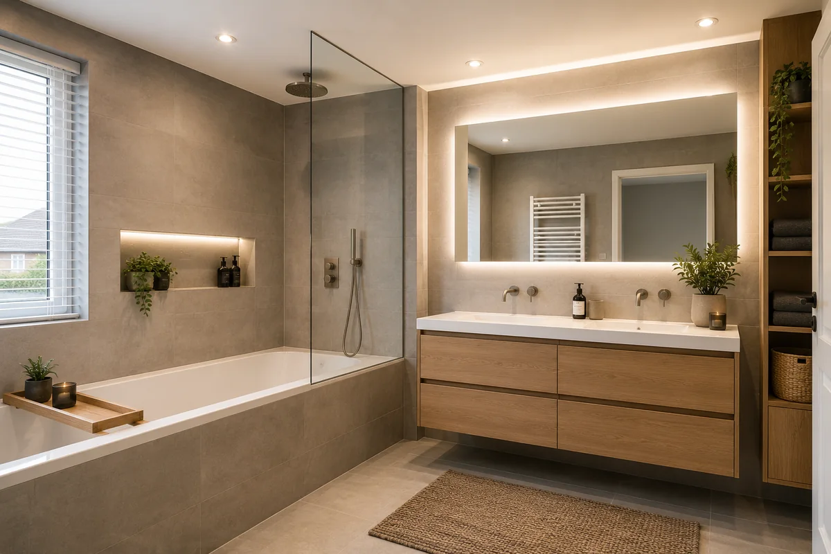 Moderne gezinsbadkamer met bad en douche